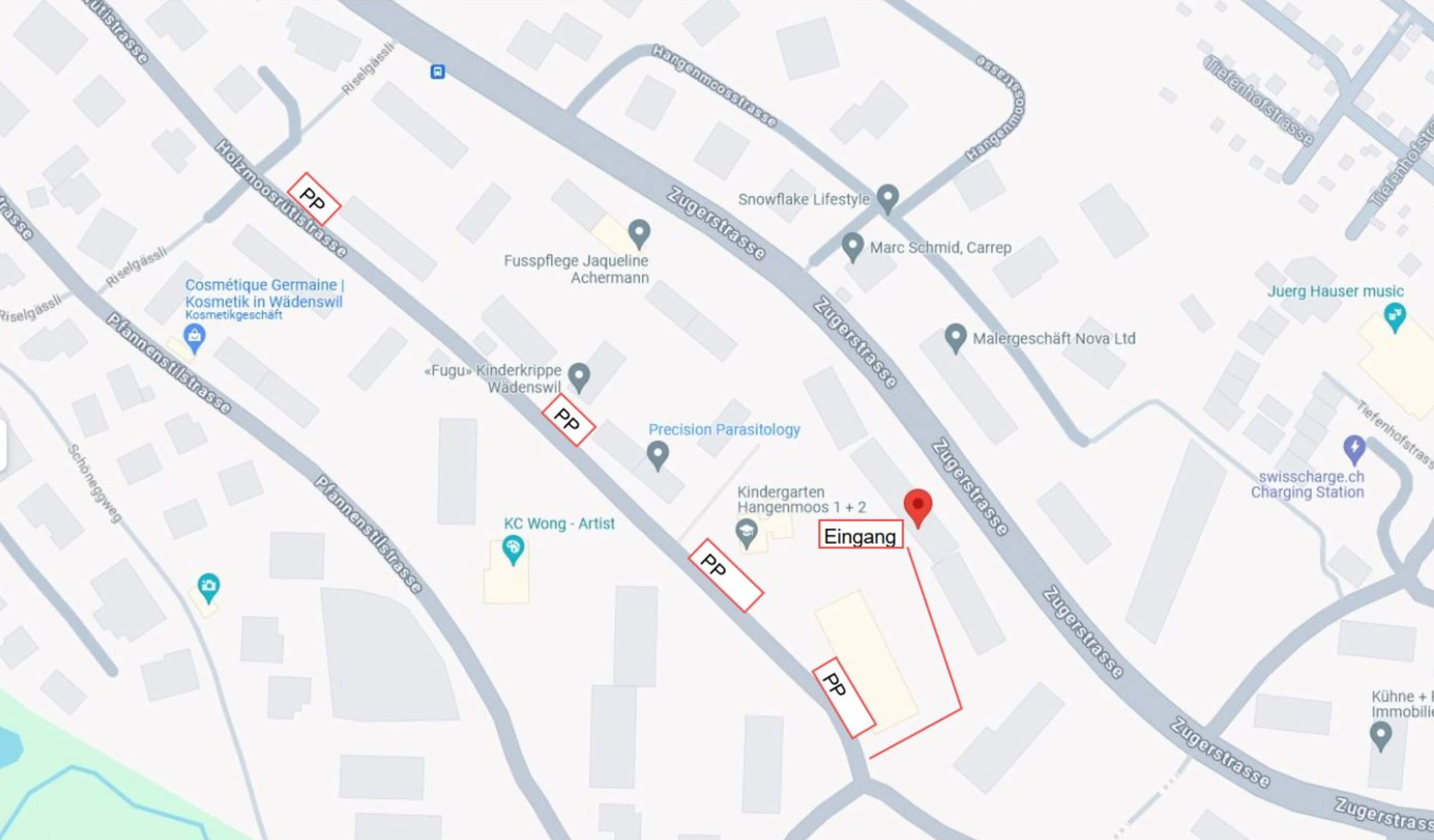 Anfahrtsplan zum Massage Zentrum Buchs an der Kanalweg 38 mit markierten Parkplätzen (PP) und Eingang